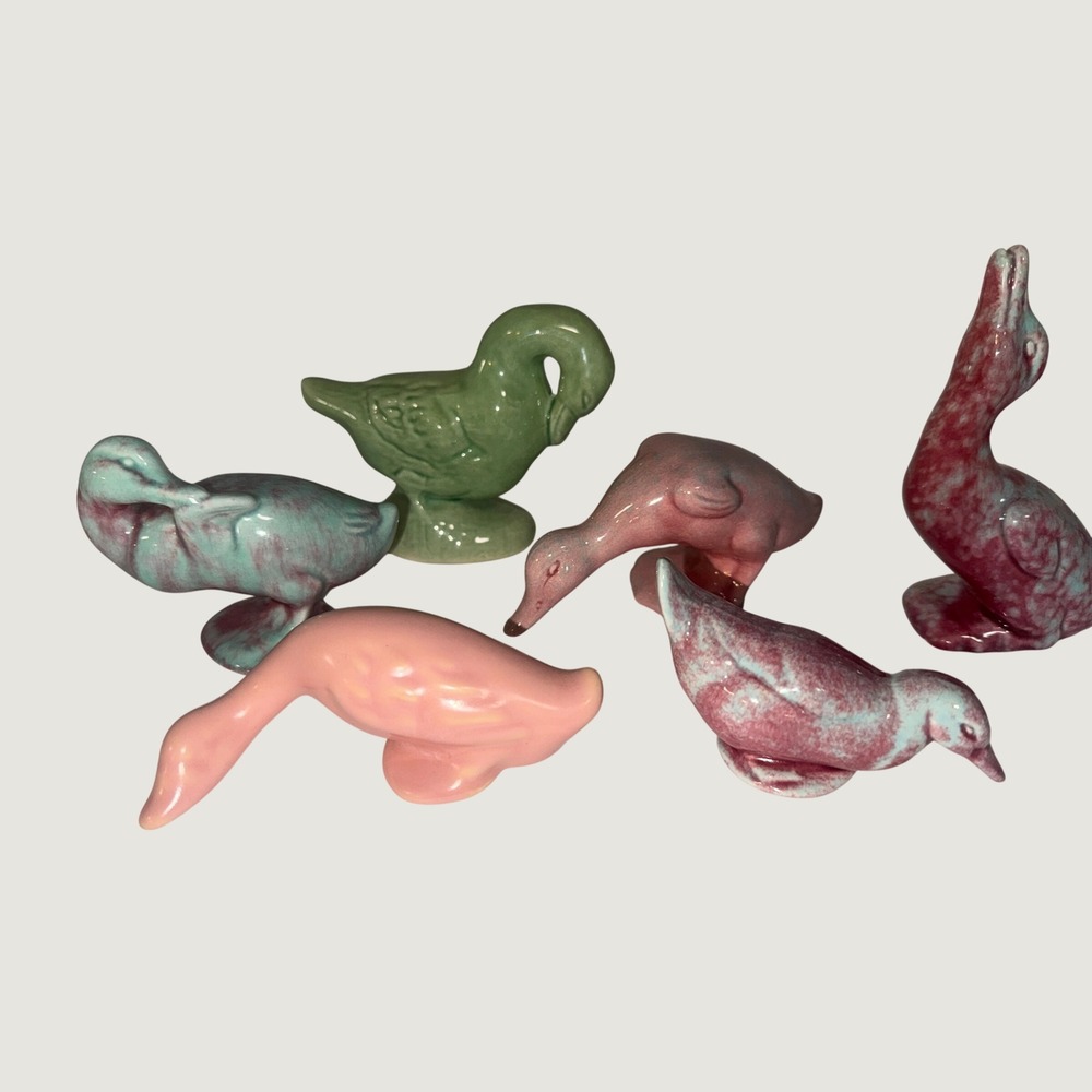 Vintage Ceramic Duck Goose Figurines Set of 6 Drip Glaze Pink Green Teal Decor